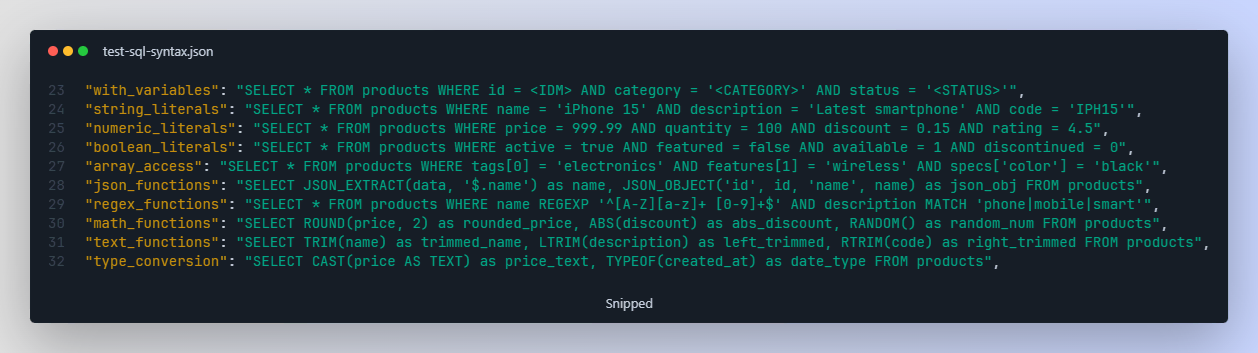 Before: Plain JSON with unreadable SQL strings